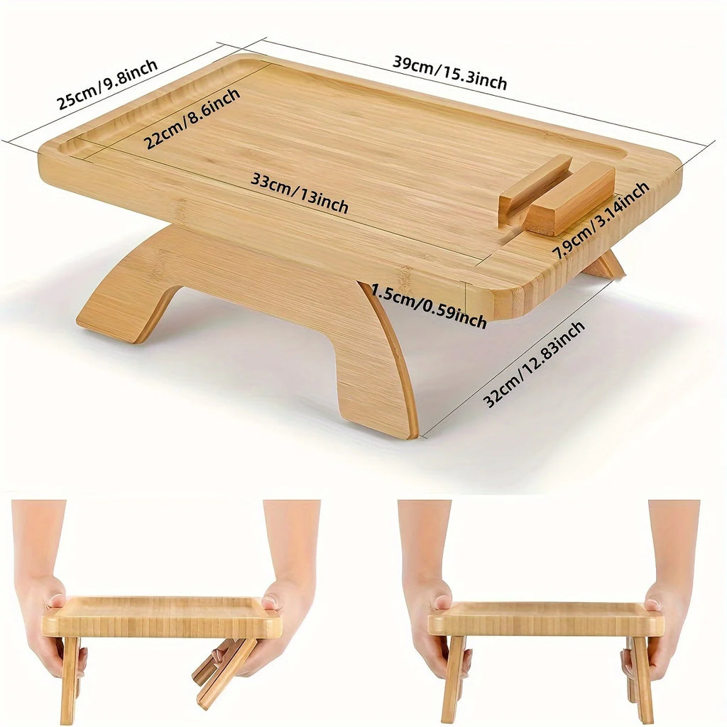 Bamboo Sofa Armrest Tray with Phone Holder – Foldable Side Table for Snacks & Drinks
