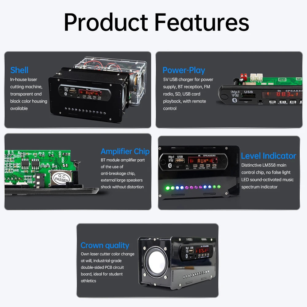 Bluetooth 5.0 Speaker DIY Kit – FM Radio, 12-LED Level Indicator, USB/SD Playback, Remote Control