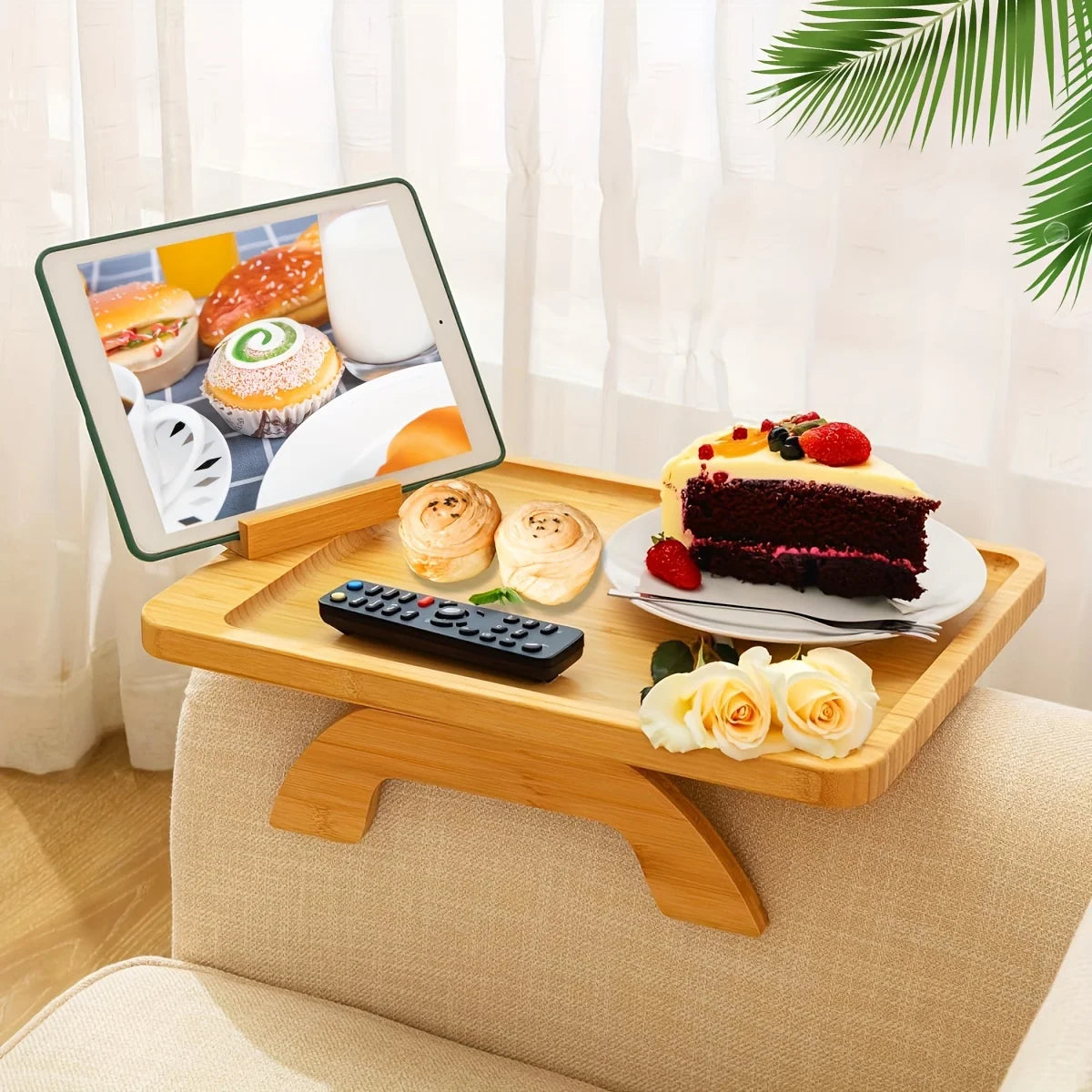 Bamboo Sofa Armrest Tray with Phone Holder – Foldable Side Table for Snacks & Drinks