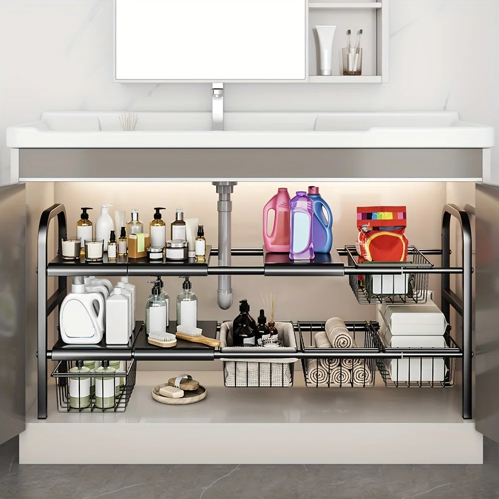 Expandable Under Sink & Cabinet Shelf Organizer – Multi-Use Storage Rack for Kitchen & Bathroom