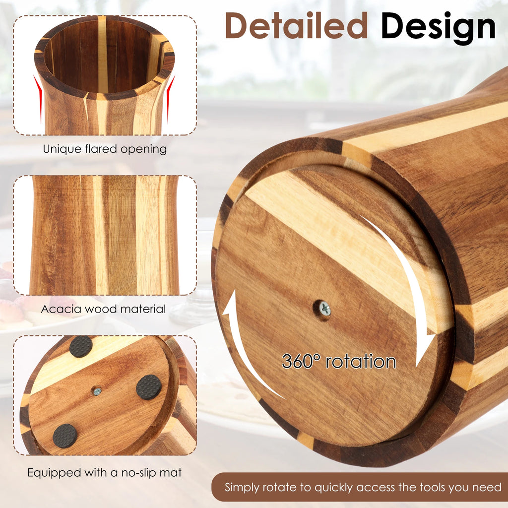 360° Rotating Acacia Wood Utensil Holder – Countertop Kitchen Tool Organizer