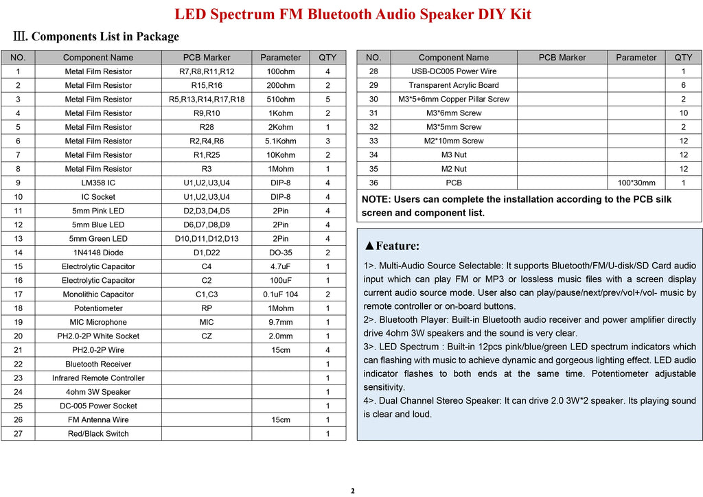 Bluetooth 5.0 Speaker DIY Kit – FM Radio, 12-LED Level Indicator, USB/SD Playback, Remote Control
