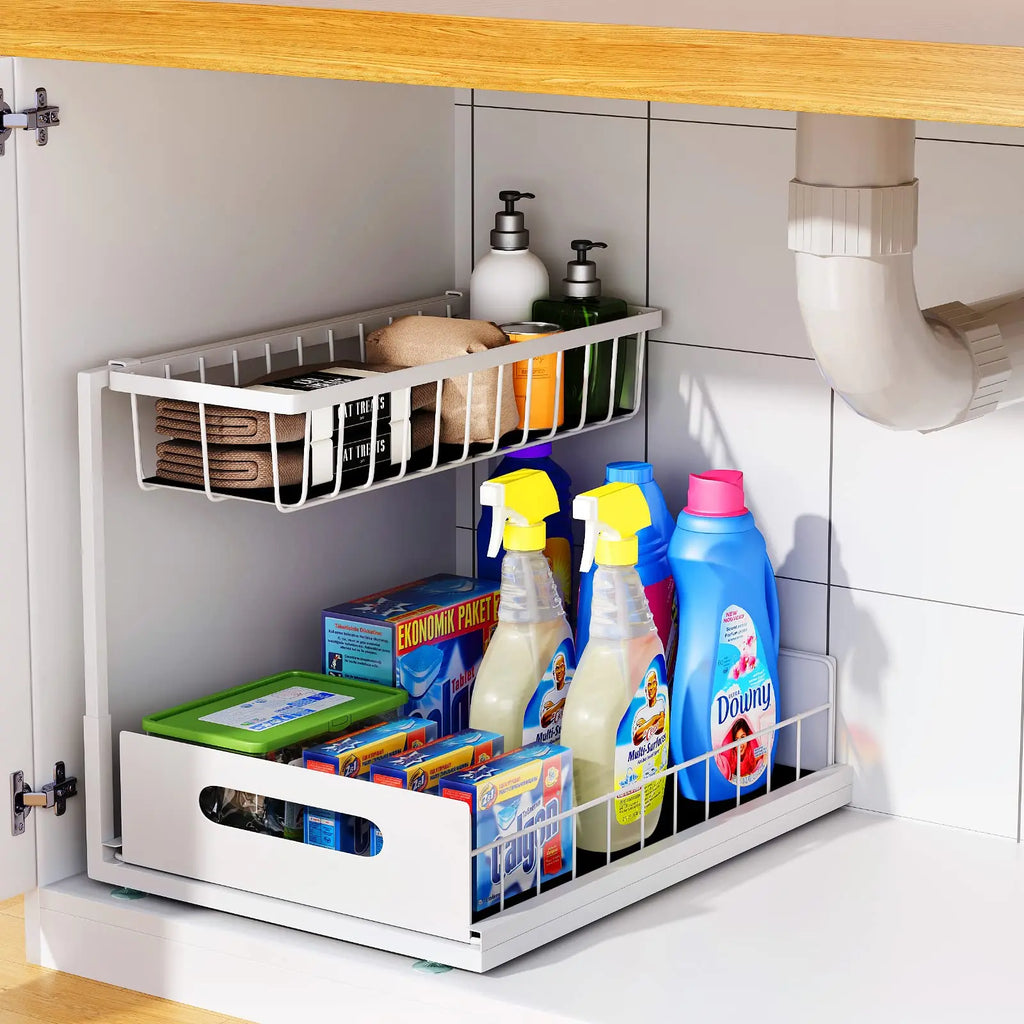 Under Sink Organizer – 2-Tier Sliding Pull-Out Cabinet Basket for Kitchen & Bathroom