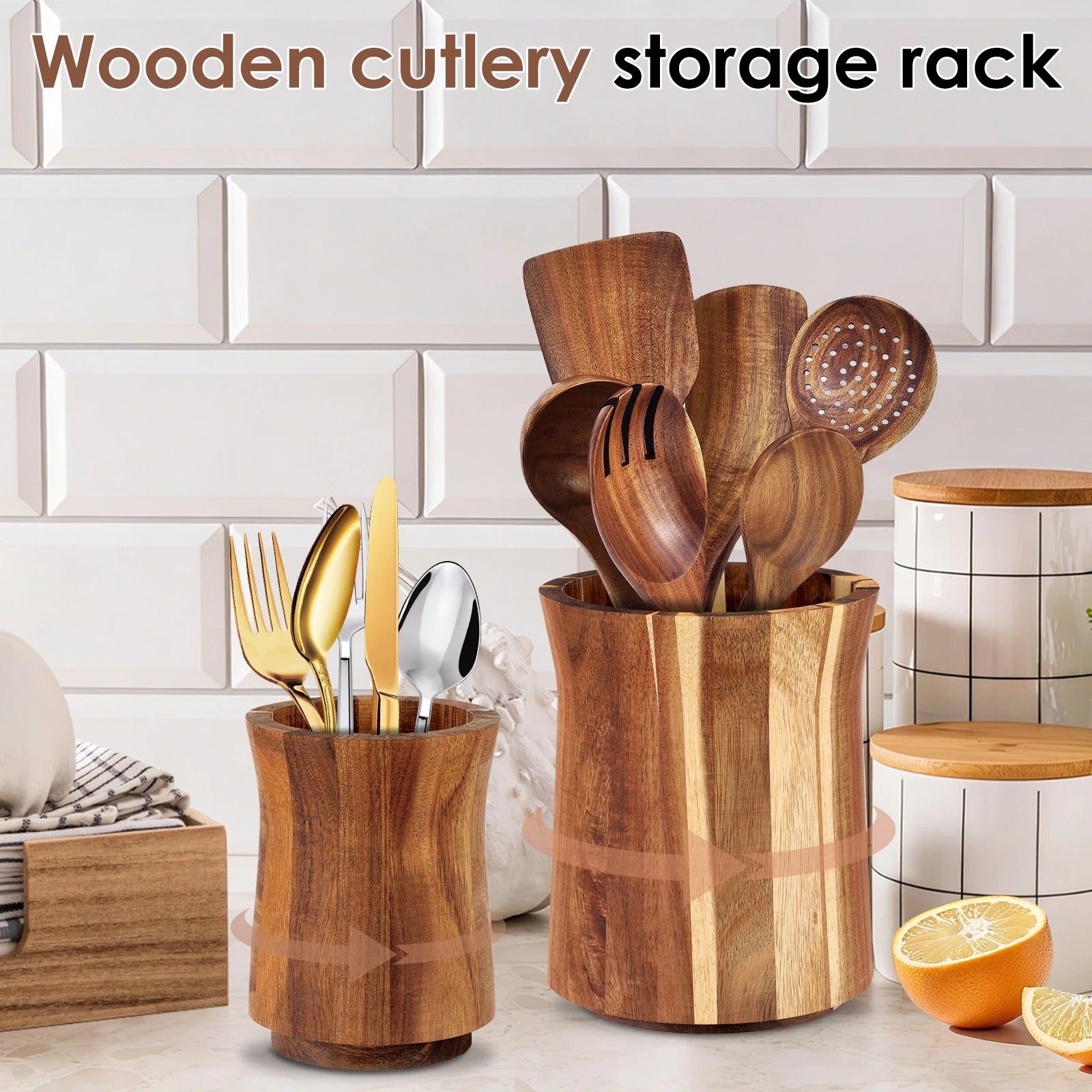 360° Rotating Acacia Wood Utensil Holder – Countertop Kitchen Tool Organizer
