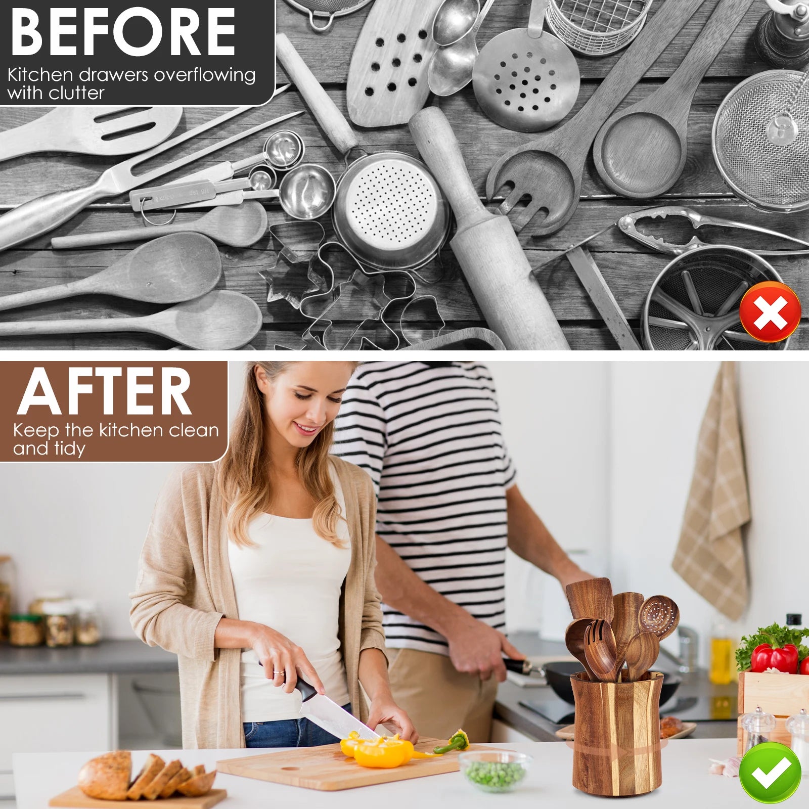 360° Rotating Acacia Wood Utensil Holder – Countertop Kitchen Tool Organizer
