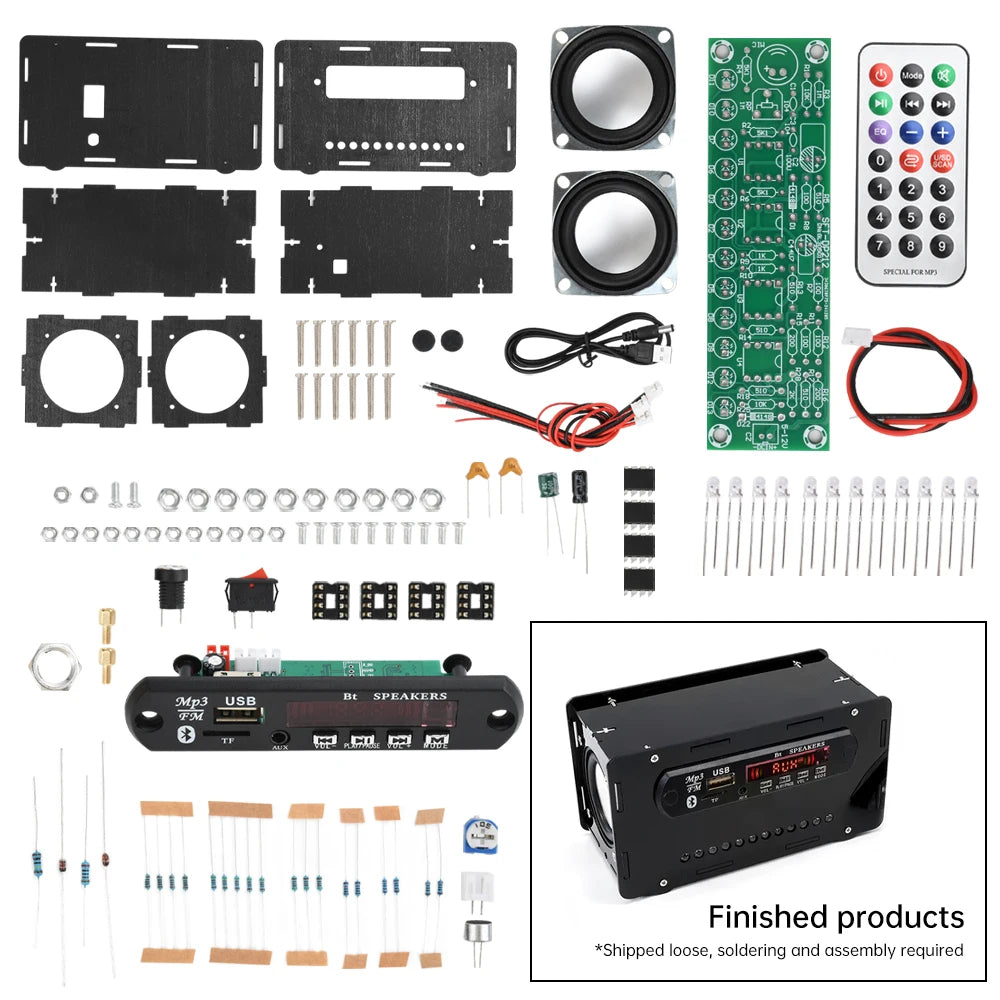 Bluetooth 5.0 Speaker DIY Kit – FM Radio, 12-LED Level Indicator, USB/SD Playback, Remote Control