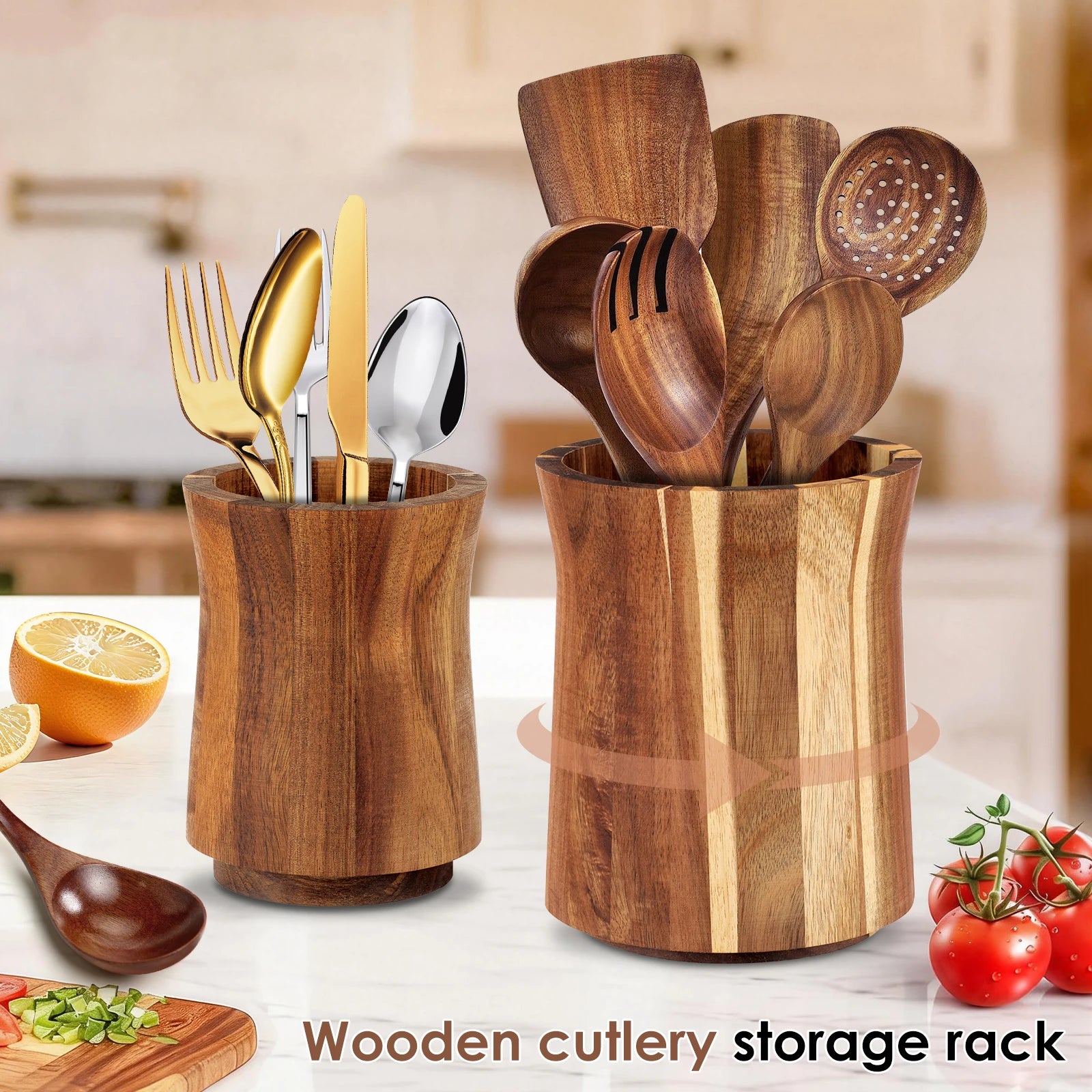 360° Rotating Acacia Wood Utensil Holder – Countertop Kitchen Tool Organizer