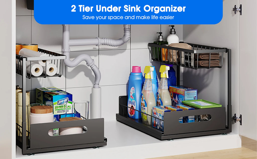 Under Sink Organizer – 2-Tier Sliding Pull-Out Cabinet Basket for Kitchen & Bathroom