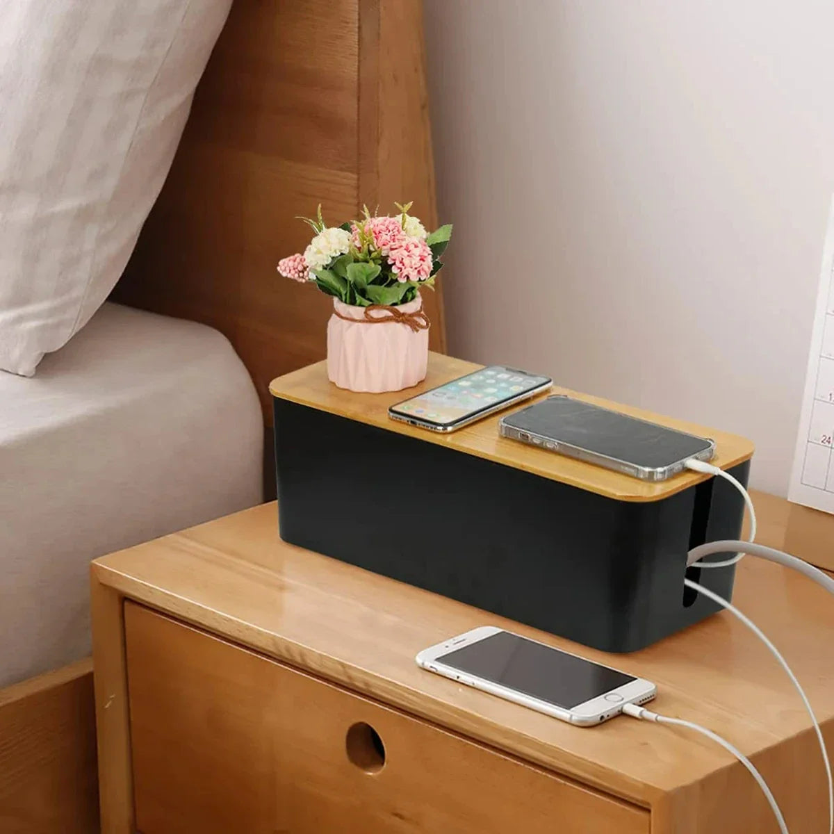 Bamboo Cable & Wire Storage Organizer Box