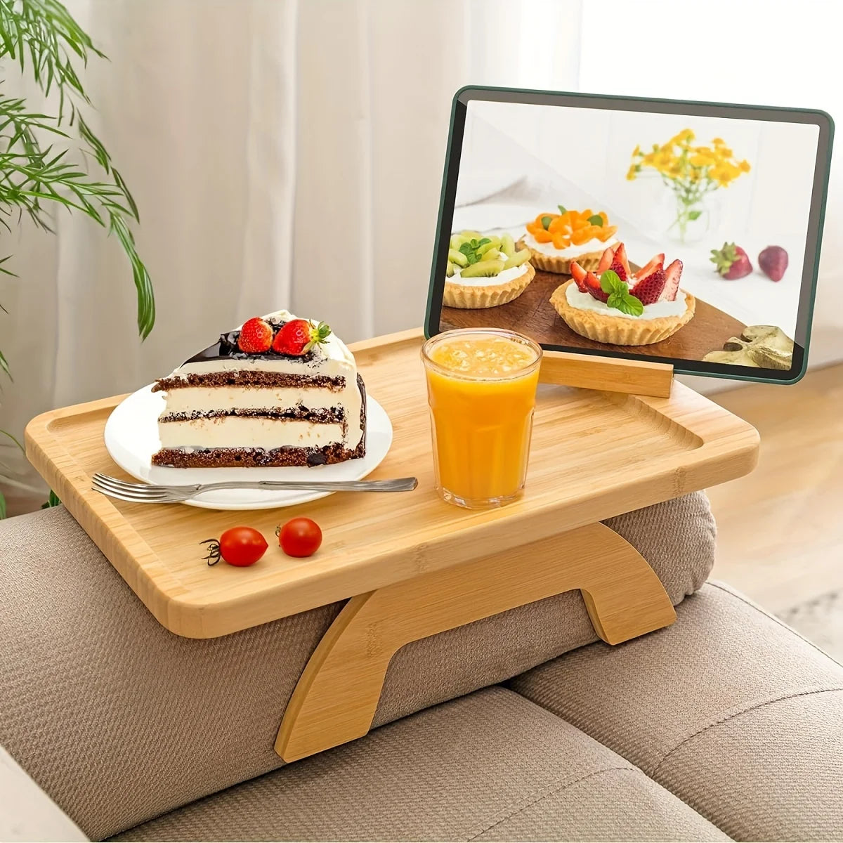 Bamboo Sofa Armrest Tray with Phone Holder – Foldable Side Table for Snacks & Drinks