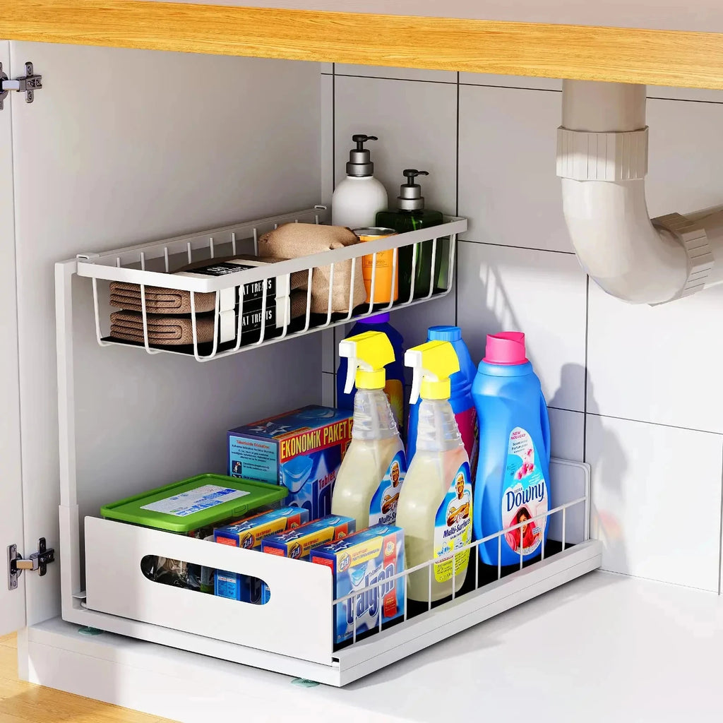Under Sink Organizer – 2-Tier Sliding Pull-Out Cabinet Basket for Kitchen & Bathroom
