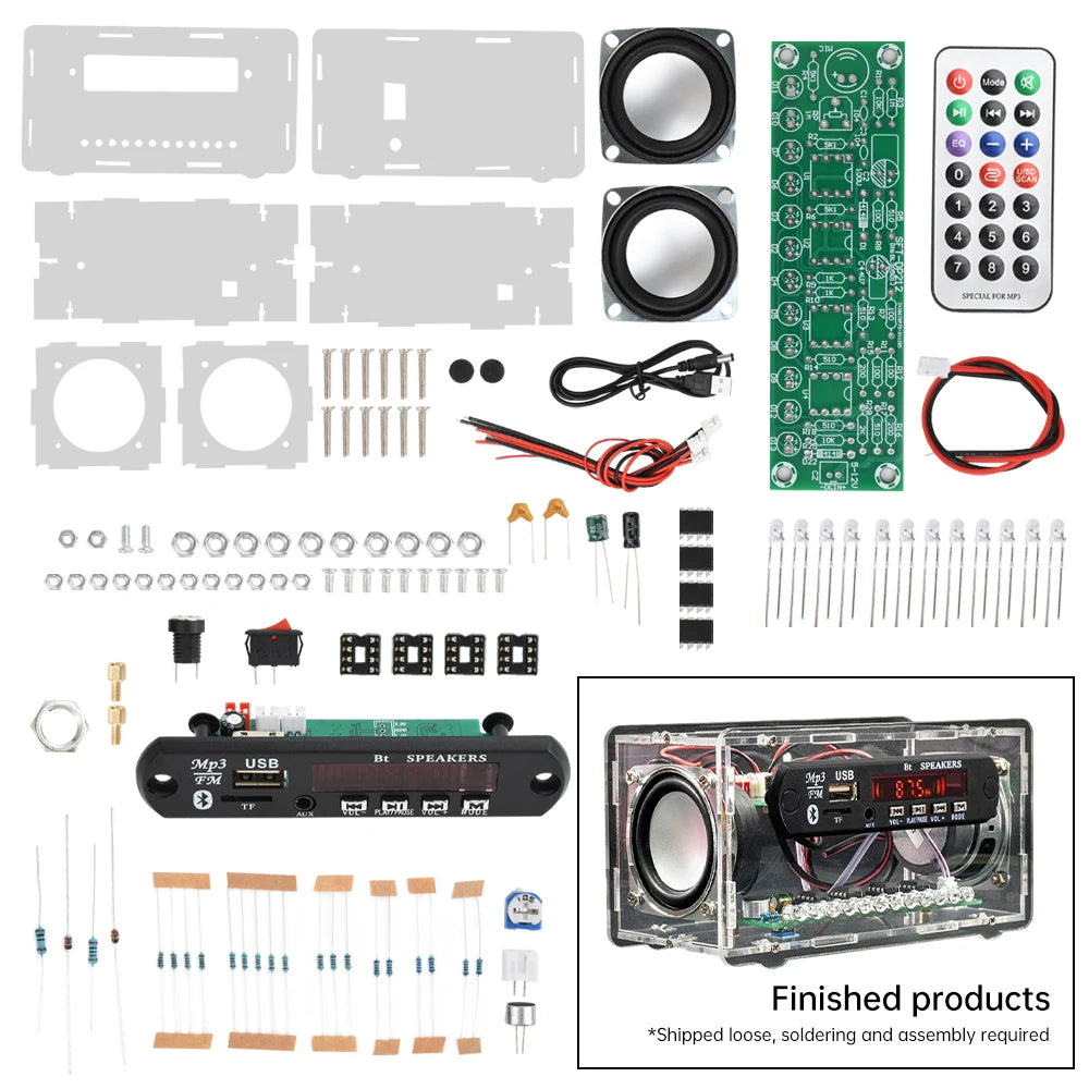 Bluetooth 5.0 Speaker DIY Kit – FM Radio, 12-LED Level Indicator, USB/SD Playback, Remote Control