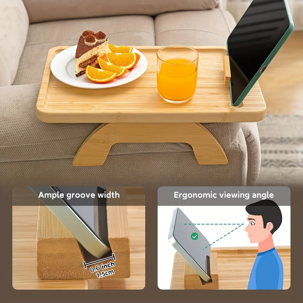 Bamboo Sofa Armrest Tray with Phone Holder – Foldable Side Table for Snacks & Drinks