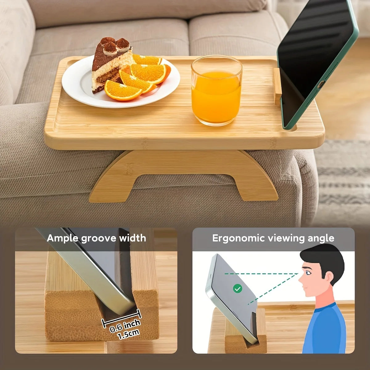 Bamboo Sofa Armrest Tray with Phone Holder – Foldable Side Table for Snacks & Drinks
