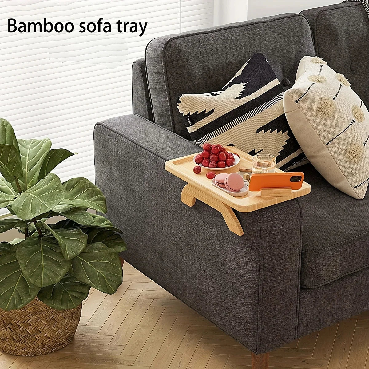 Bamboo Sofa Armrest Tray with Phone Holder – Foldable Side Table for Snacks & Drinks