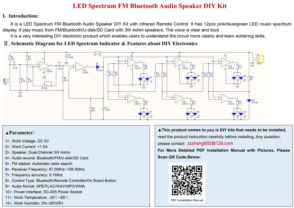 Bluetooth 5.0 Speaker DIY Kit – FM Radio, 12-LED Level Indicator, USB/SD Playback, Remote Control