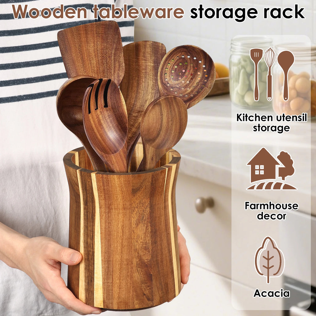 360° Rotating Acacia Wood Utensil Holder – Countertop Kitchen Tool Organizer