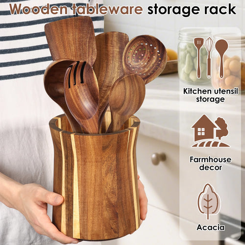 360° Rotating Acacia Wood Utensil Holder – Countertop Kitchen Tool Organizer