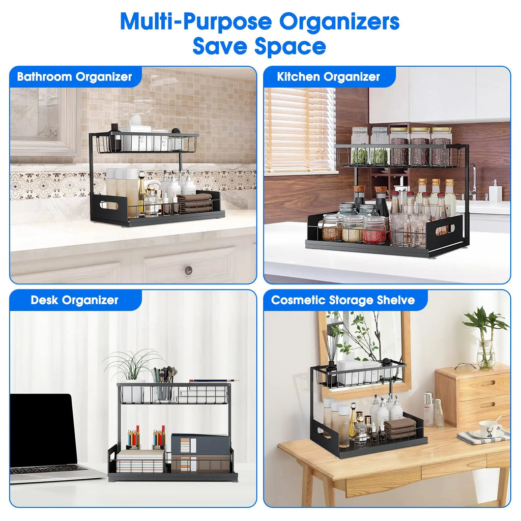Under Sink Organizer – 2-Tier Sliding Pull-Out Cabinet Basket for Kitchen & Bathroom