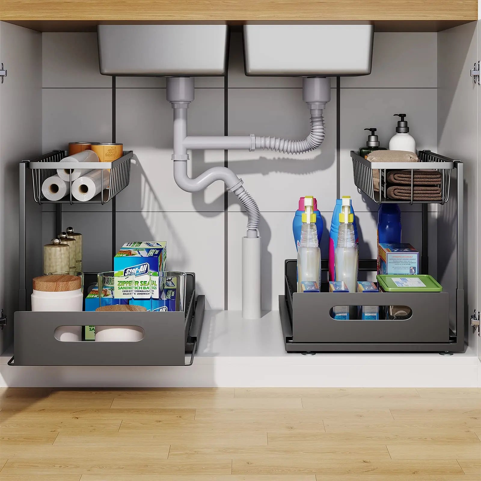 Under Sink Organizer – 2-Tier Sliding Pull-Out Cabinet Basket for Kitchen & Bathroom