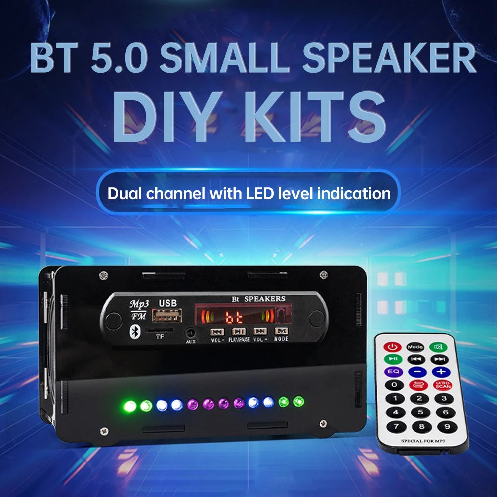 Bluetooth 5.0 Speaker DIY Kit – FM Radio, 12-LED Level Indicator, USB/SD Playback, Remote Control