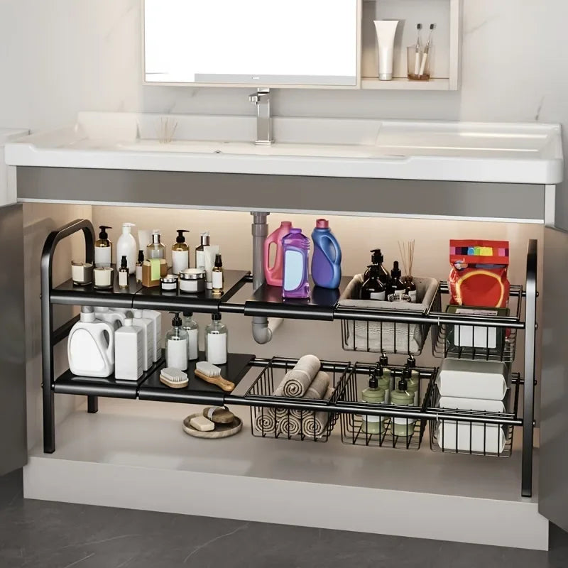 Expandable Under Sink & Cabinet Shelf Organizer – Multi-Use Storage Rack for Kitchen & Bathroom