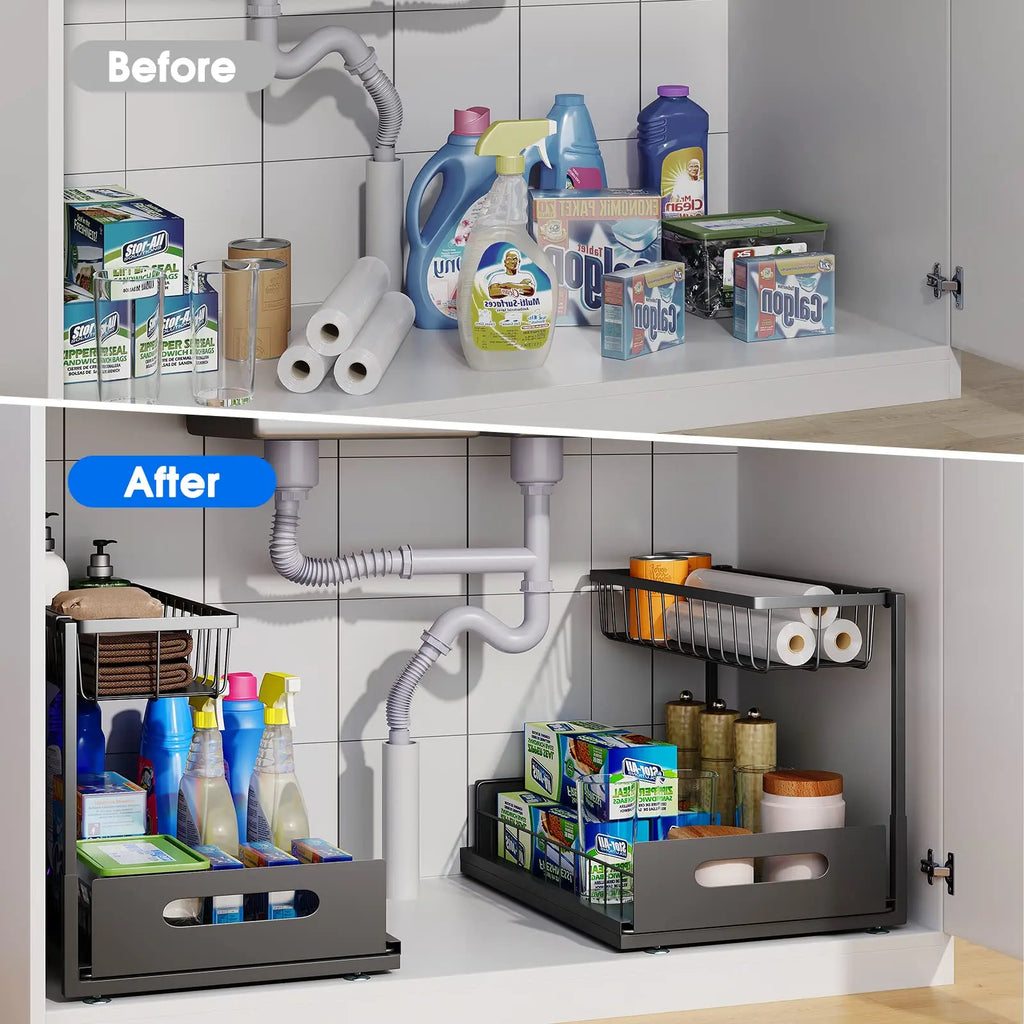 Under Sink Organizer – 2-Tier Sliding Pull-Out Cabinet Basket for Kitchen & Bathroom