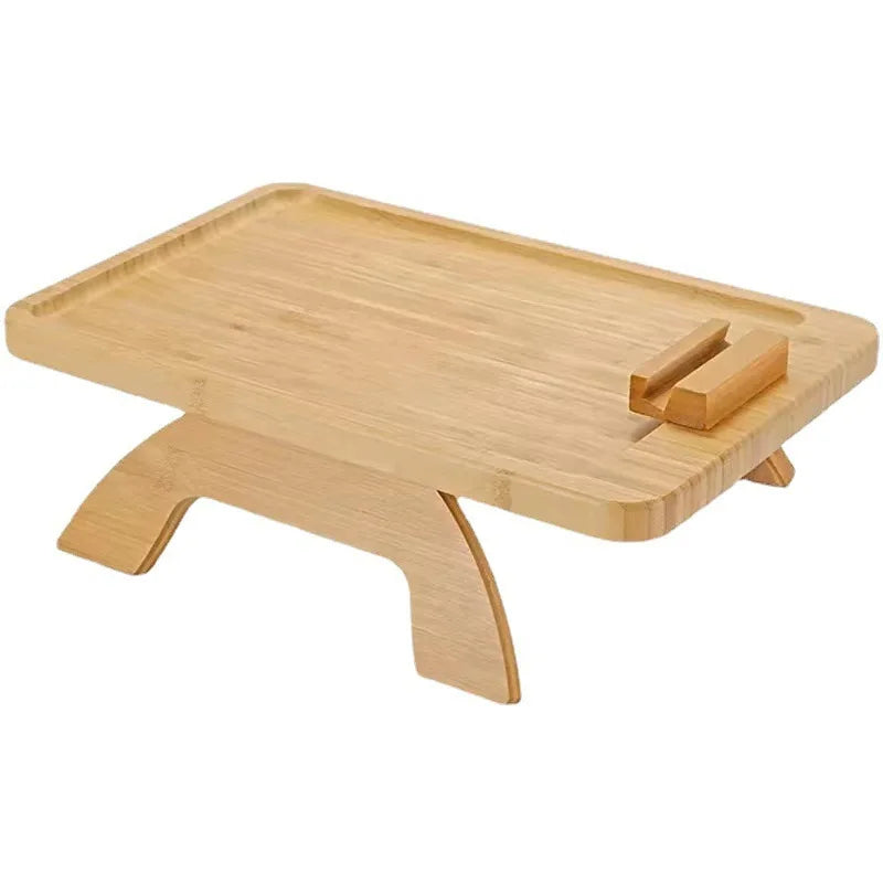 Bamboo Sofa Armrest Tray with Phone Holder – Foldable Side Table for Snacks & Drinks